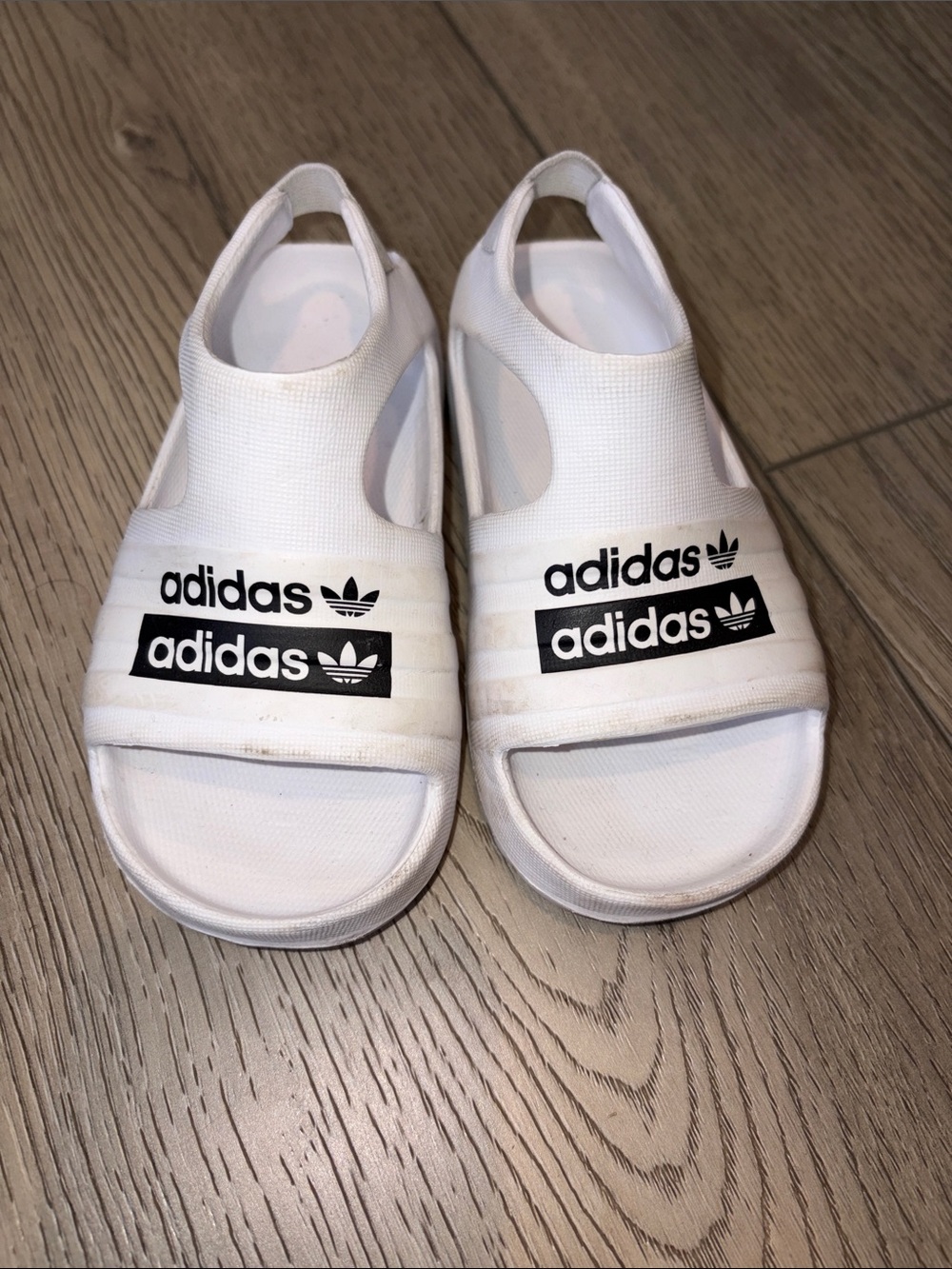 adidas White Kids Slip-On Open-Toe Sandals with Black Logos